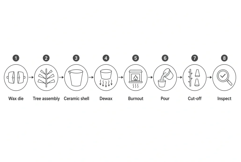 Stainless steel investment casting process steps from wax pattern to finished part