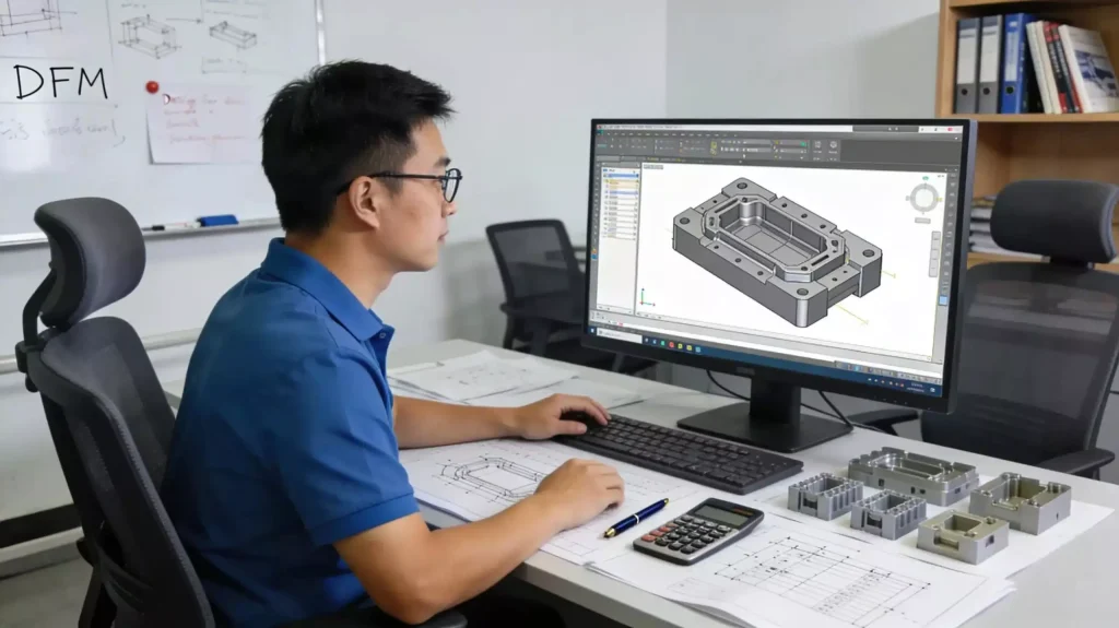 CNC programmer reviewing CAD CAM software for machining process planning