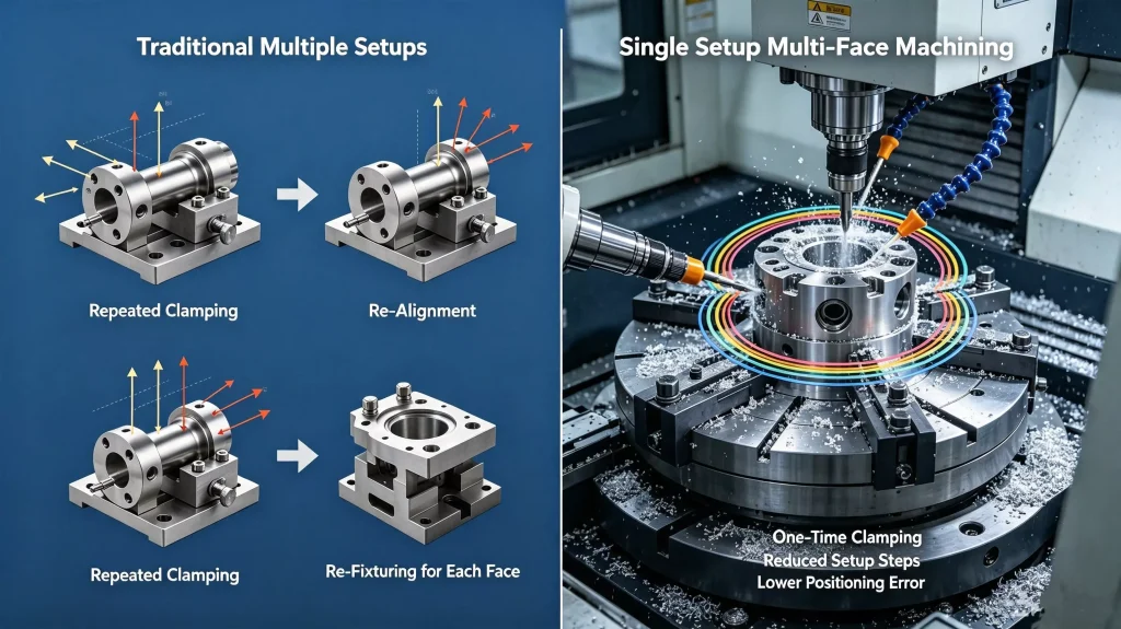 Multi-face CNC machining setup comparison between VMC and HMC