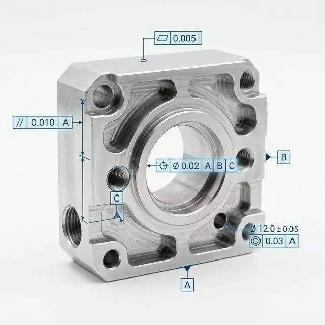 CNC machined housing with critical bore and datum features